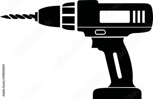 Black and white silhouette of a cordless drill with a drill bit profile. Vector illustration