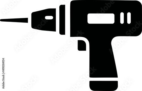 Silhouette of a cordless drill with a pointed drill bit on white background. Vector illustration