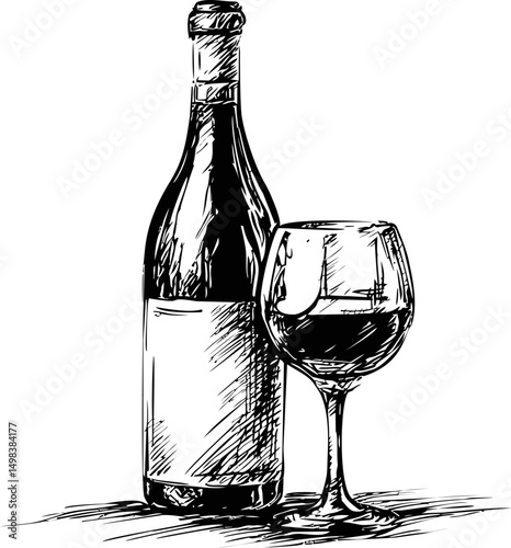 Sketch of wine bottle and glass with intricate shading, black and white drawing. Vector illustration
