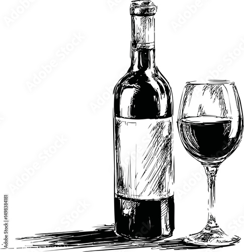 Wine bottle and glass sketch in black and white, hand-drawn artistic illustration. Vector illustration