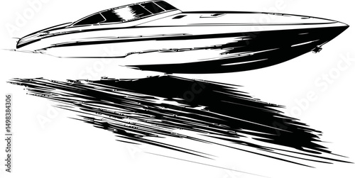 Sleek black and white speedboat with dynamic water reflection art. Vector illustration