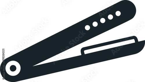 Black silhouette of a hair straightener icon with modern design elements. Vector illustration