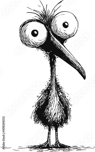 Cartoon bird with large eyes and long beak in black and white illustration. Vector illustration