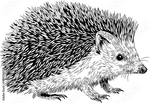 Detailed black and white illustration of a hedgehog side view sketch. Vector illustration