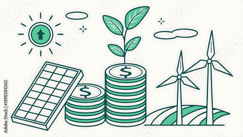 A vector illustration symbolizing sustainable finance: a stack of coins or money with a plant growing from it, alongside icons of renewable energy like a solar panel and wind turbine. 