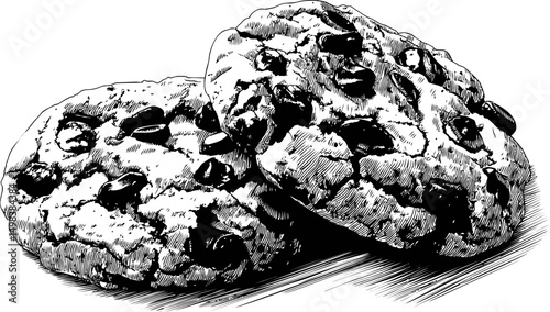 Black and white illustration of two chocolate chip cookies on a wooden surface. Vector illustration