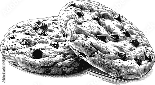 Illustrated chocolate chip cookies in black and white, sketch art style. Vector illustration