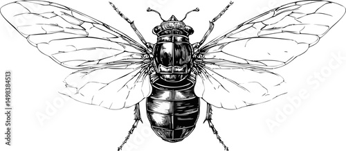 Detailed black and white illustration of a cicada with extended wings. Vector illustration