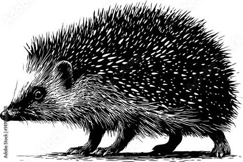 Black and white illustration of a hedgehog in side profile, detailed sketch. Vector illustration
