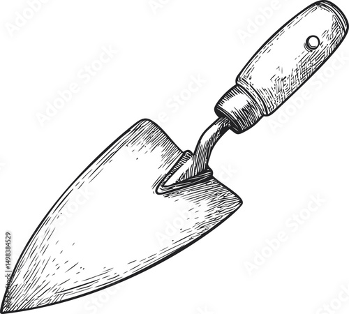 Black and white illustration of a garden trowel with wooden handle, drawing sketch. Vector illustration
