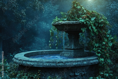 Enchanted stone fountain in a mystical forest at night, overgrown with ivy.