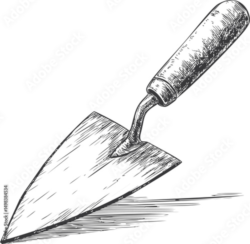 Hand-drawn sketch of a classic masonry trowel with wooden handle. Vector illustration
