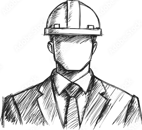 Ink sketch of faceless engineer in suit and hard hat illustrating anonymity. Vector illustration