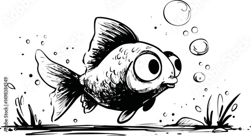 Cartoon fish swimming with bubbles in black and white underwater illustration. Vector illustration