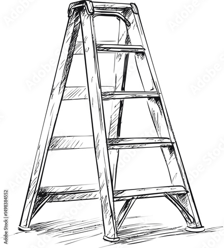 Detailed hand-drawn sketch of a folding ladder with artistic shading. Vector illustration