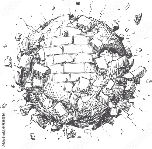 Exploding brick sphere with dynamic lines in black and white, abstract concept. Vector illustration