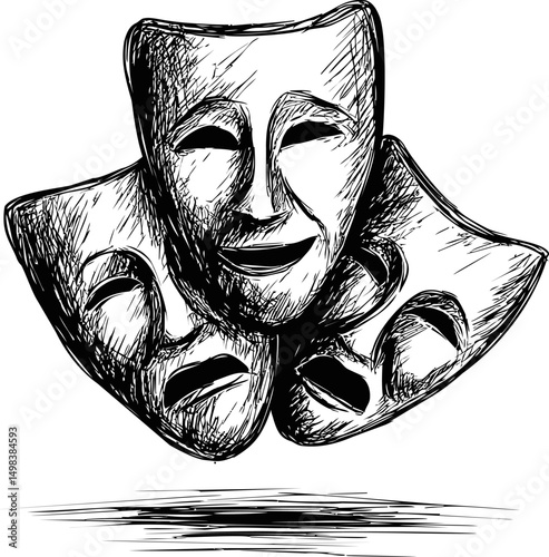 Three theatrical masks in black and white illustration, symbolizing drama. Vector illustration