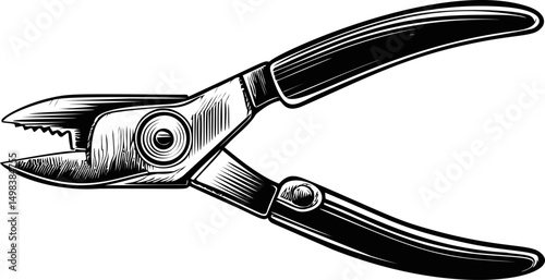 Illustration of a vintage pliers tool with black and white etching design. Vector illustration