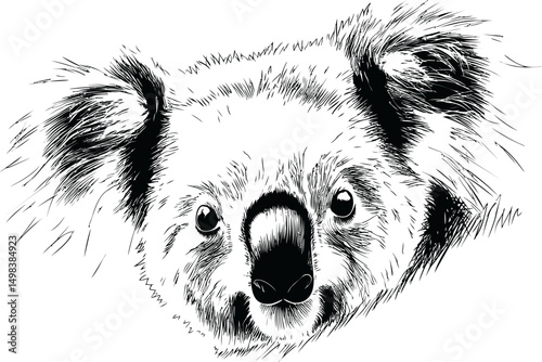 Detailed black and white illustration of a koala's face with bushy ears. Vector illustration