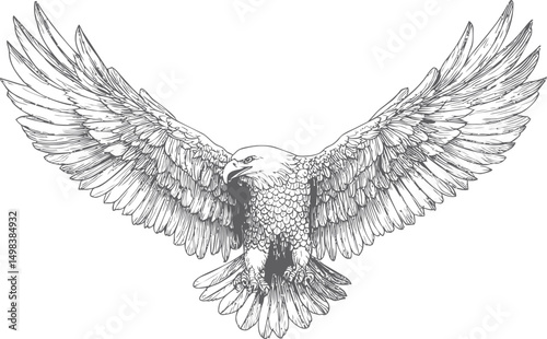 Detailed line drawing of an eagle soaring with outstretched wings, black and white illustration. Vector illustration