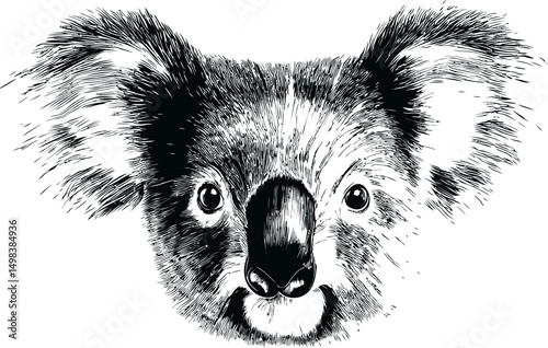 Detailed black and white koala face illustration with fluffy ears, sketch style. Vector illustration