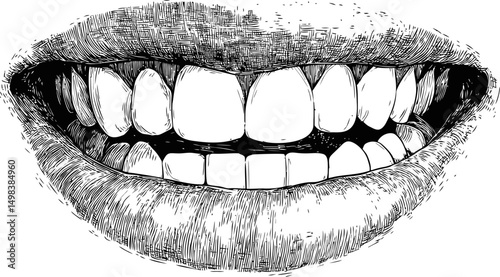 Illustrated close-up of a detailed smiling mouth with teeth, black and white sketch. Vector illustration
