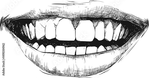 Black and white illustration of a wide open mouth showing teeth sketch. Vector illustration