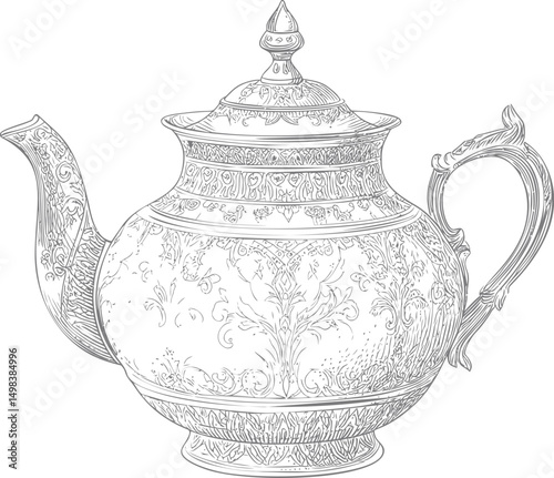 Intricate black and white illustration of a vintage ornate teapot. Vector illustration