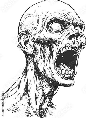 Line art of a screaming ghoul with hollow eyes and detailed texture. Vector illustration