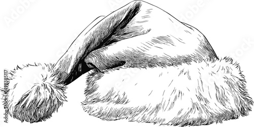 Santa Claus hat illustration with fur trim in detailed pencil sketch. Vector illustration