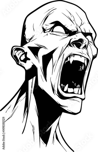 Screaming fierce monster with sharp teeth in black and white illustration. Vector illustration