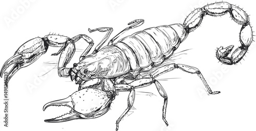 Black and white illustration of a scorpion with detailed claws and tail. Vector illustration