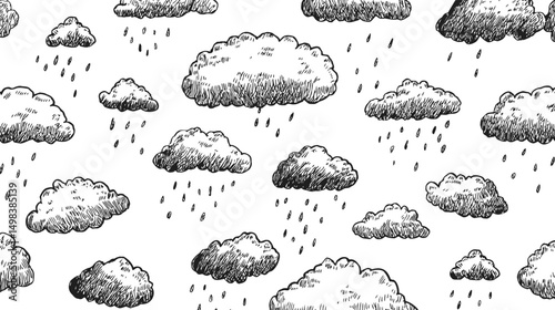 Hand-drawn fluffy clouds with raindrops pattern on white background. Vector illustration