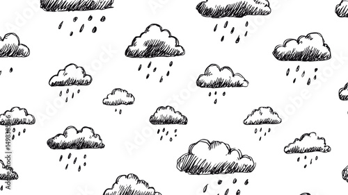 Sketch of cartoon clouds with raindrops on a white background. Vector illustration