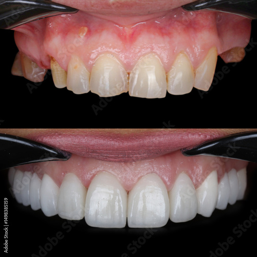 Smile design treatment with cosmetic dentistry. Laminate veneers and zirconia porcelain for a new smile through dental design. Dental before after and smile makeover.