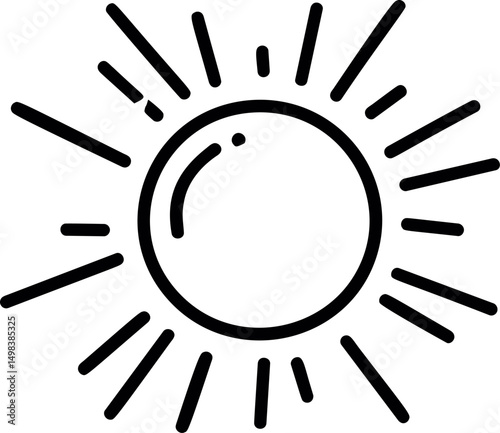 Line art of a sun with rays in black and white, simplistic illustration. Vector illustration