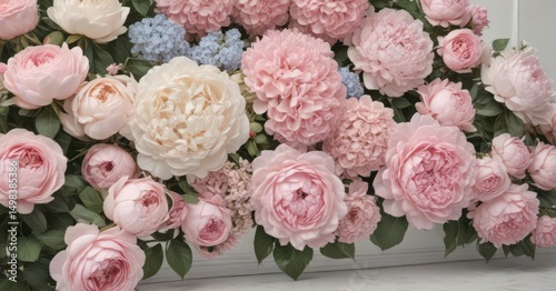 Pastel pink roses, peonies & hydrangeas; vintage floral wall backdrop  ,  artificial flowers,  wallpaper
