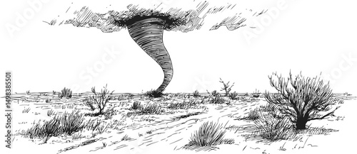 Tornado forming from clouds over barren landscape in black and white sketch. Vector illustration