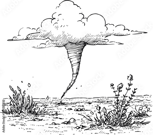 Ink drawing of a tornado over barren land with scattered plants illustration. Vector illustration
