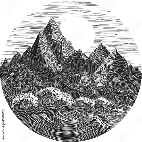 Monochrome mountains and ocean waves with sun, intricate line art illustration. Vector illustration