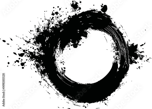 Abstract black ink splatter forming a circular shape on white background. Vector illustration