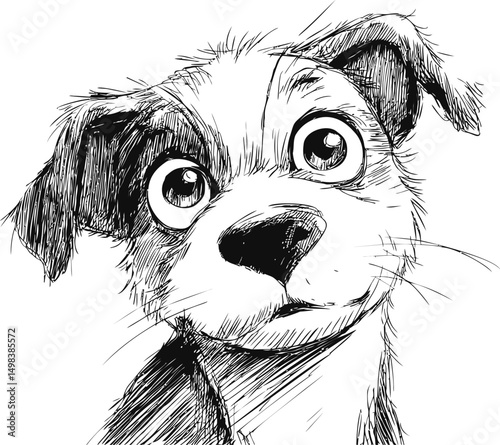 Sketch of a curious puppy with expressive eyes and detailed fur illustration. Vector illustration