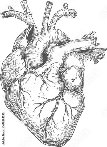 Detailed black and white anatomical heart illustration, line art concept. Vector illustration