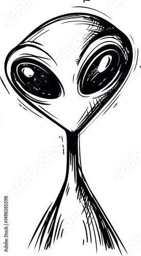 Black and white illustration of an alien with large eyes and simple lines. Vector illustration