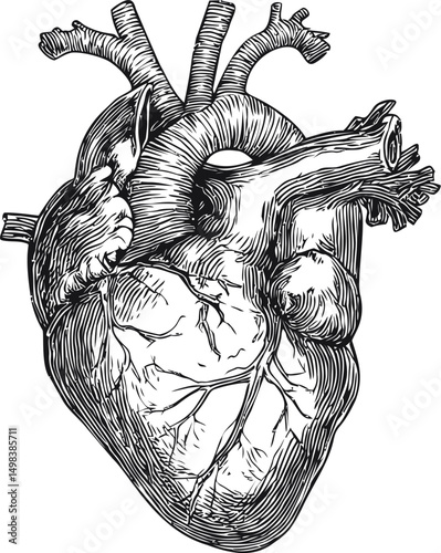 Anatomical black and white illustration of a human heart, detailed sketch drawing. Vector illustration