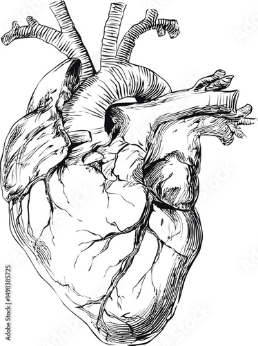 Anatomical black and white drawing of a detailed human heart sketch. Vector illustration