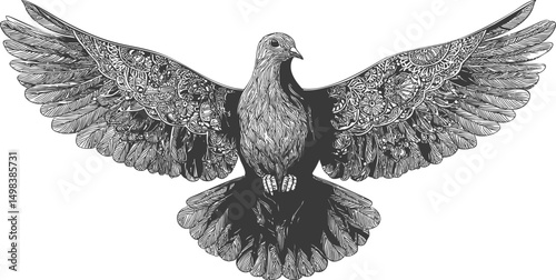 Intricate black and white drawing of a dove with spread wings and floral details. Vector illustration