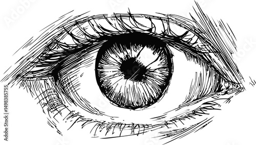 Detailed black and white sketch of a human eye with intricate lines. Vector illustration