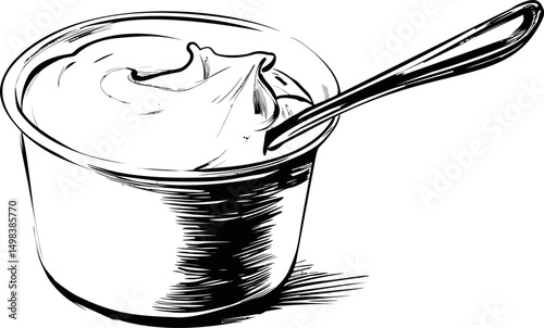 Black and white sketch of a yogurt cup with spoon in abstract style. Vector illustration