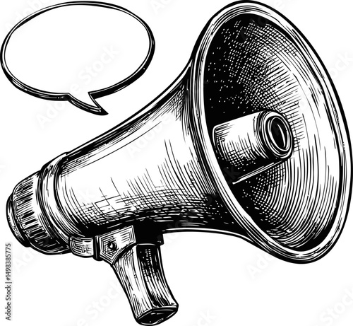 Sketch of a megaphone with speech bubble in black and white illustration. Vector illustration